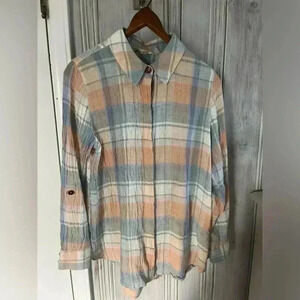 SOFT SURROUNDINGS Linen Pastel Plaid Button Down Tunic XS Laggenlook preppy prep